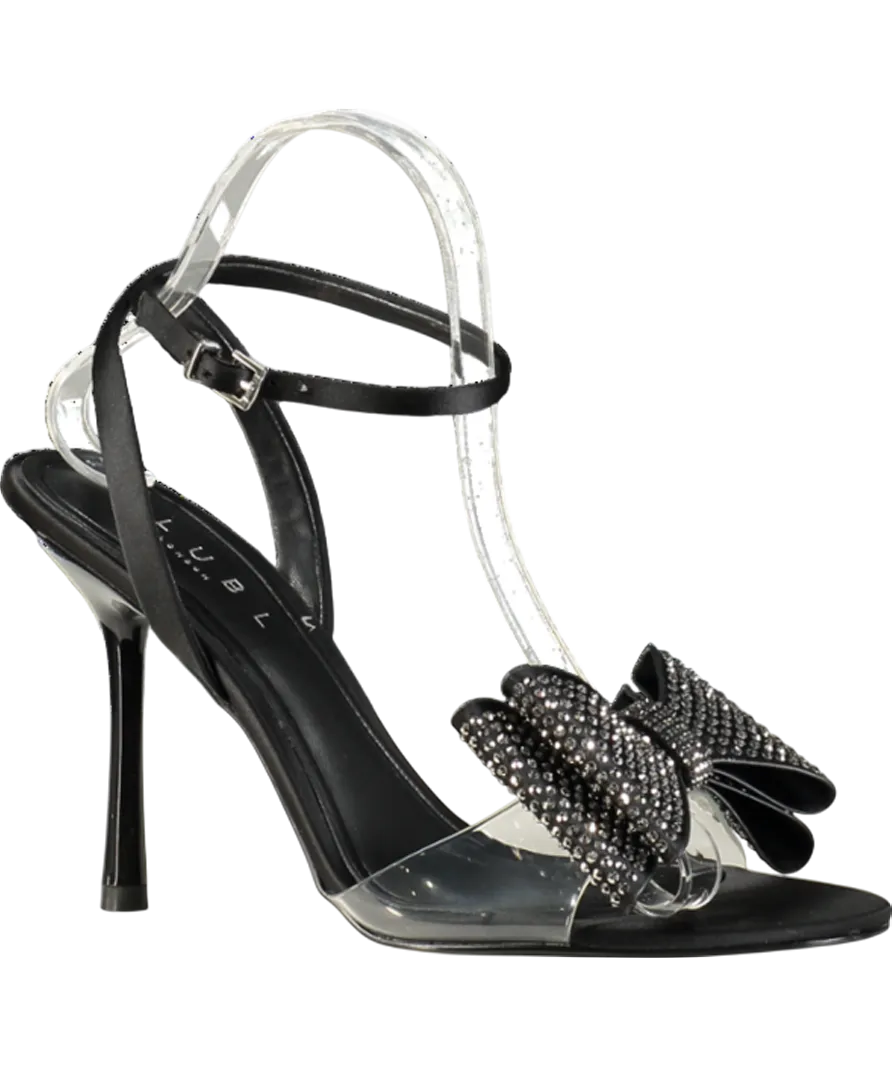 Club L Black Bowing Satin Heeled Sandals With Diamante Bows UK 6 EU 39 