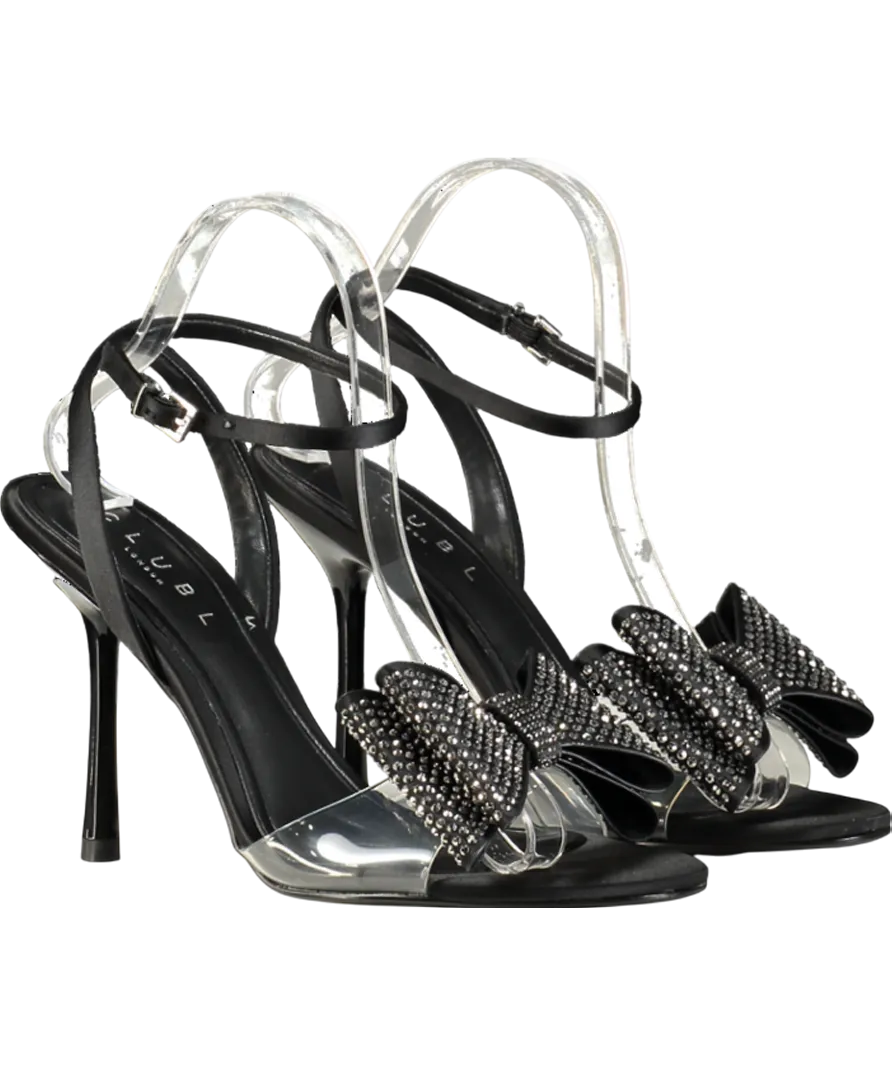 Club L Black Bowing Satin Heeled Sandals With Diamante Bows UK 6 EU 39 
