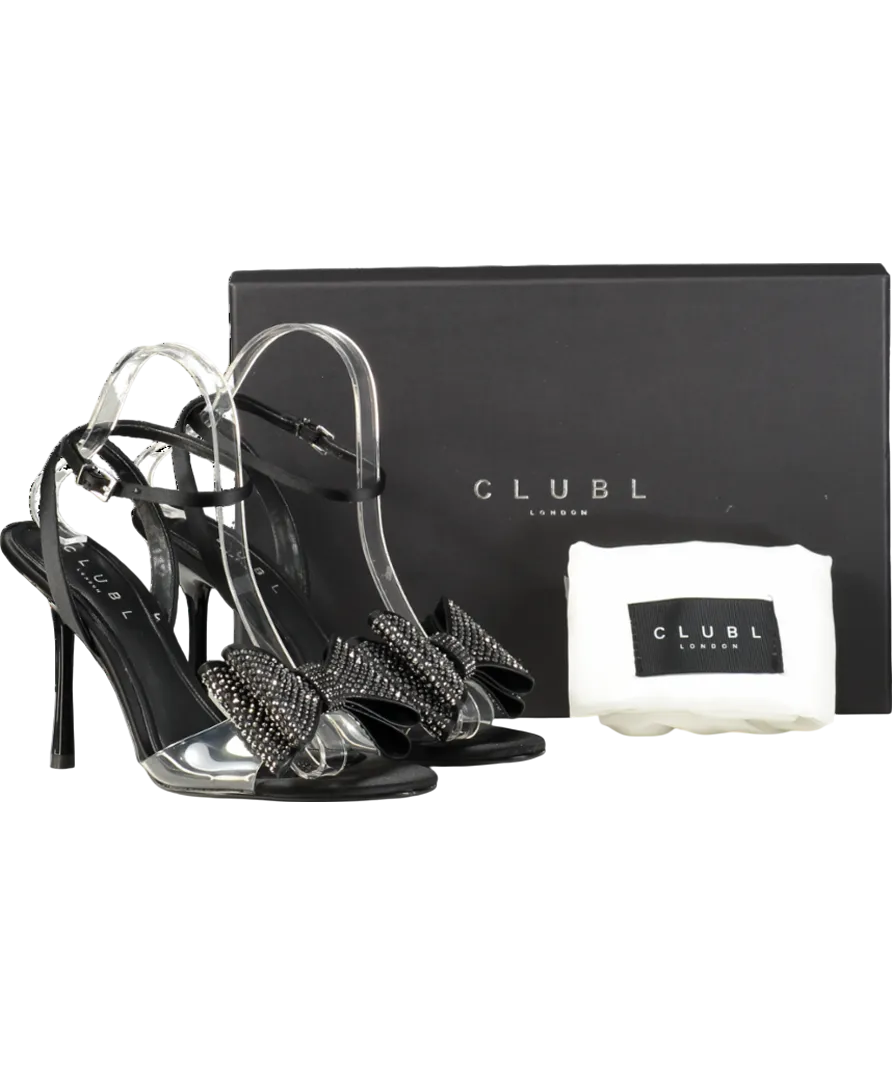 Club L Black Bowing Satin Heeled Sandals With Diamante Bows UK 6 EU 39 