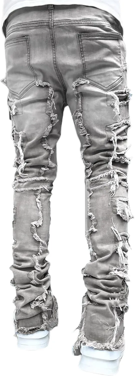 Conshvi Men's Slim Fit Stretch Jeans Distressed Patchwork Stacked Frayed Straight Leg Skinny Denim Pants