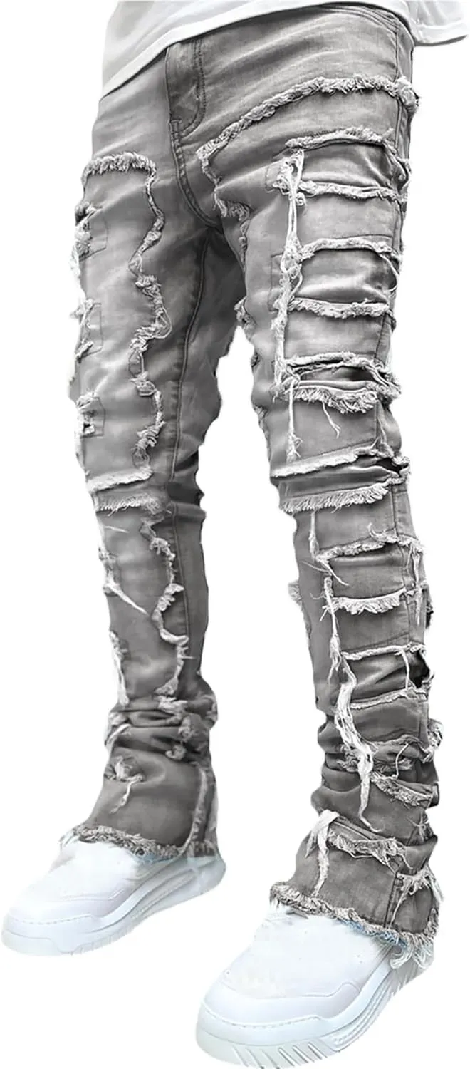 Conshvi Men's Slim Fit Stretch Jeans Distressed Patchwork Stacked Frayed Straight Leg Skinny Denim Pants
