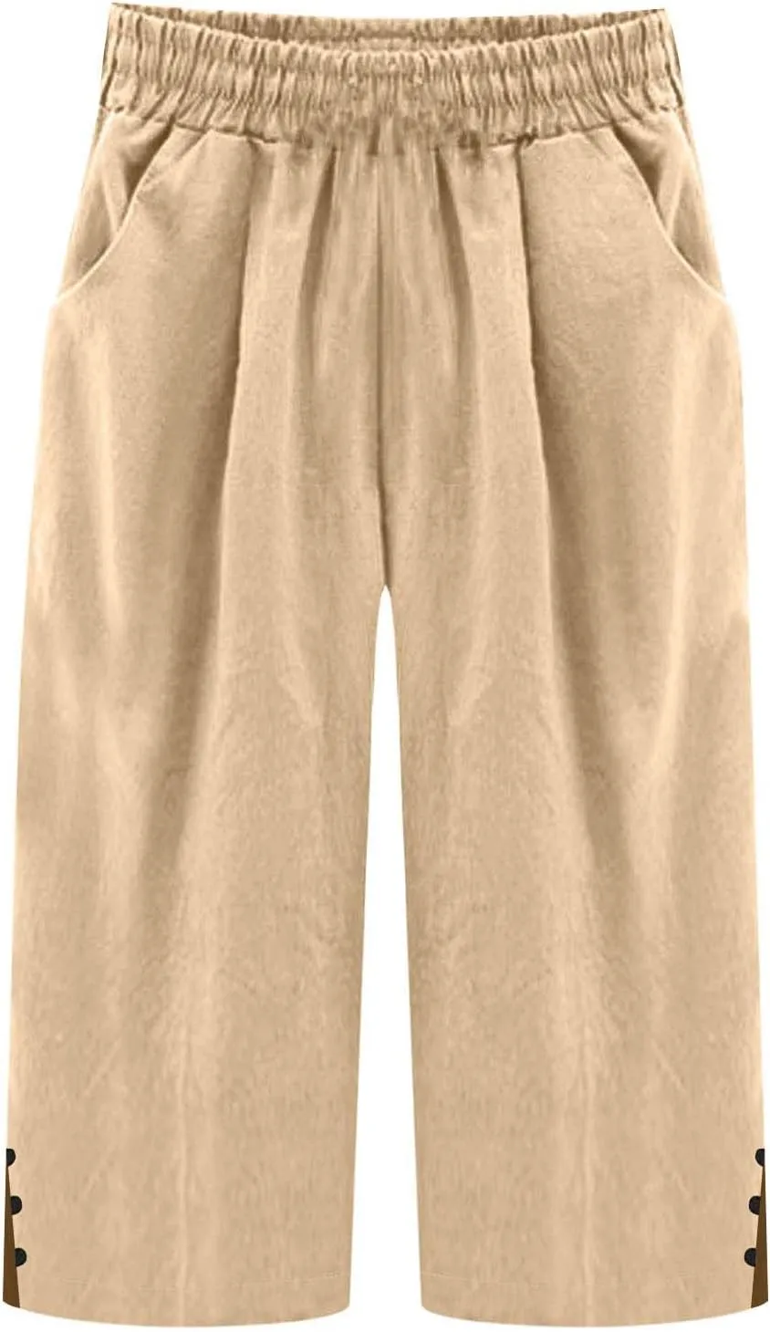 Cotton Linen Capri Pants for Women Elastic Waist Split Hem Casual Capris Summer Loose Comfy Beach Cropped Trouser