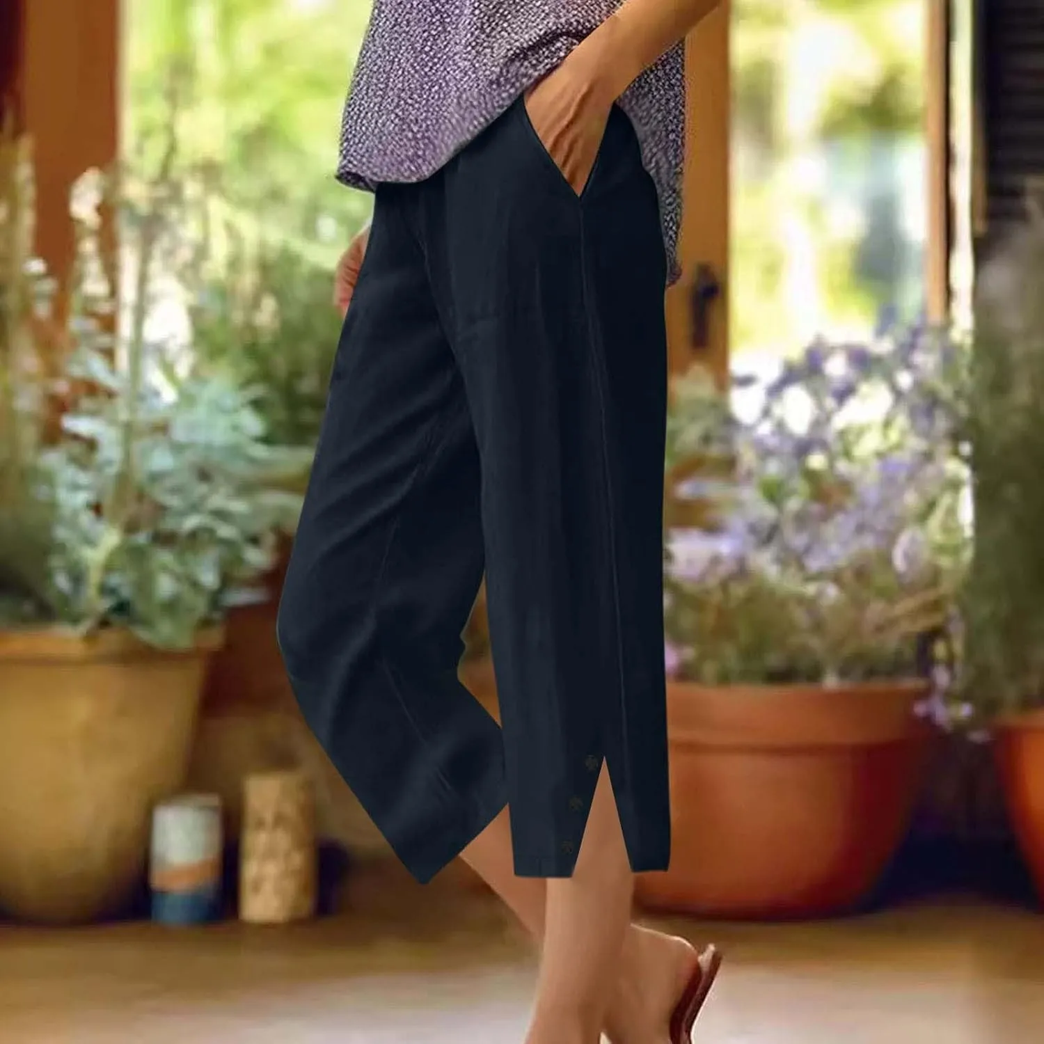 Cotton Linen Capri Pants for Women Elastic Waist Split Hem Casual Capris Summer Loose Comfy Beach Cropped Trouser
