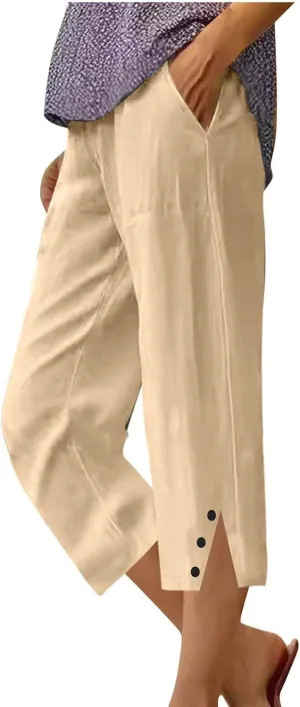 Cotton Linen Capri Pants for Women Elastic Waist Split Hem Casual Capris Summer Loose Comfy Beach Cropped Trouser