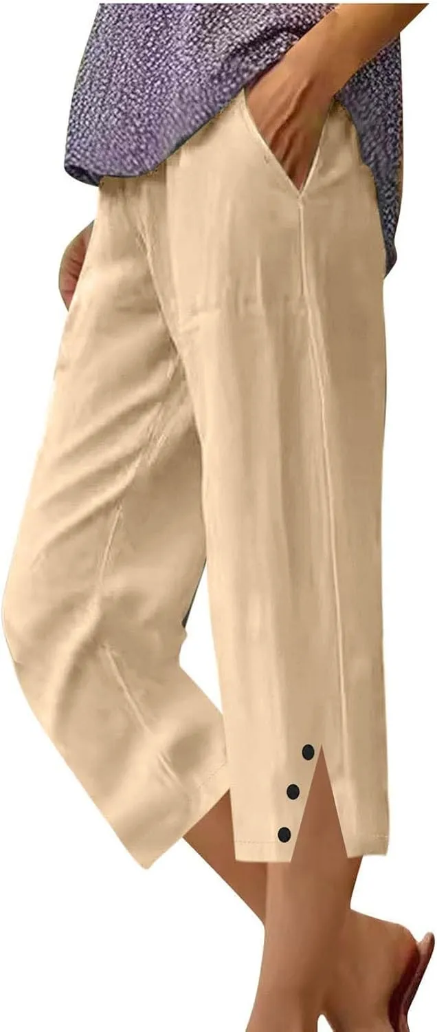 Cotton Linen Capri Pants for Women Elastic Waist Split Hem Casual Capris Summer Loose Comfy Beach Cropped Trouser
