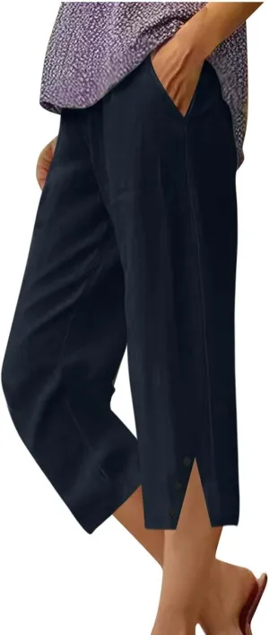 Cotton Linen Capri Pants for Women Elastic Waist Split Hem Casual Capris Summer Loose Comfy Beach Cropped Trouser