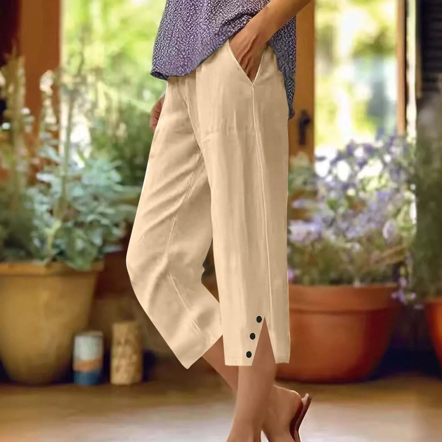 Cotton Linen Capri Pants for Women Elastic Waist Split Hem Casual Capris Summer Loose Comfy Beach Cropped Trouser