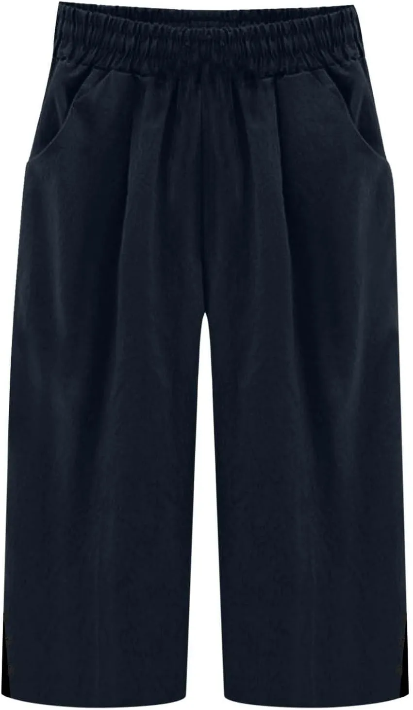 Cotton Linen Capri Pants for Women Elastic Waist Split Hem Casual Capris Summer Loose Comfy Beach Cropped Trouser