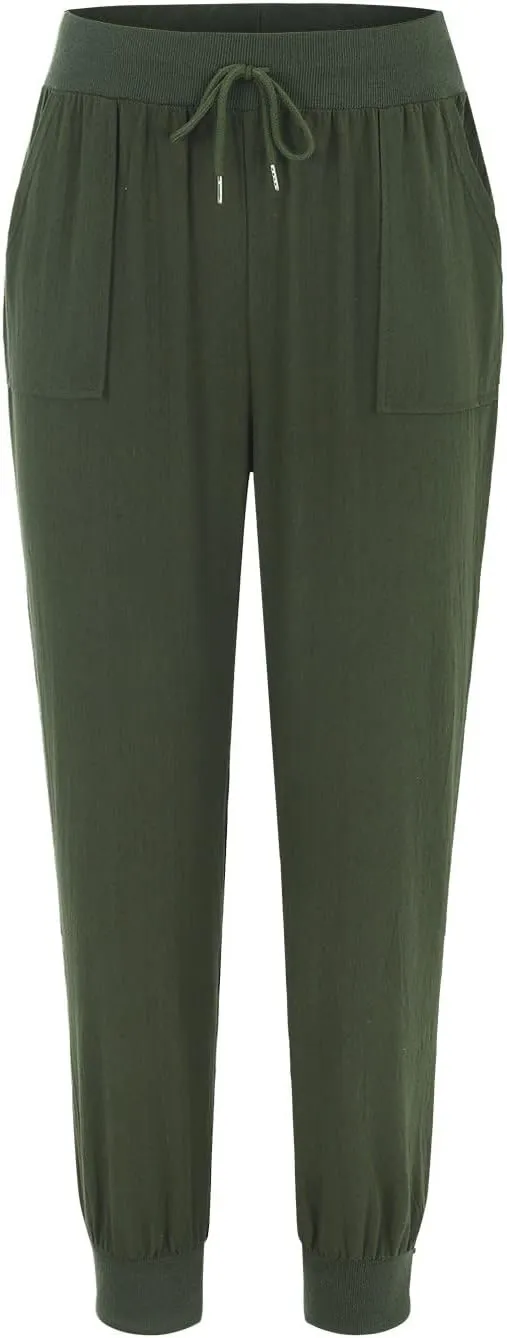 Cotton Linen Casual Pants for Women Elastic Waist Drawstring Tapered Leg Summer Beach Pant Slim Fit Dressy Work Trousers