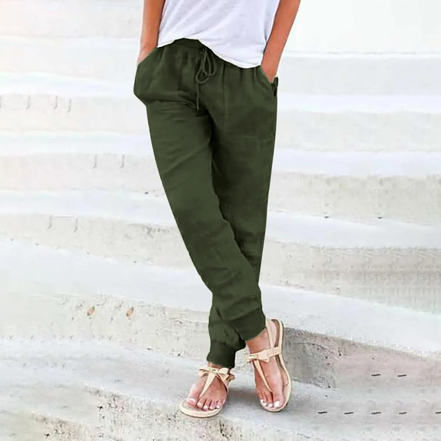 Cotton Linen Casual Pants for Women Elastic Waist Drawstring Tapered Leg Summer Beach Pant Slim Fit Dressy Work Trousers
