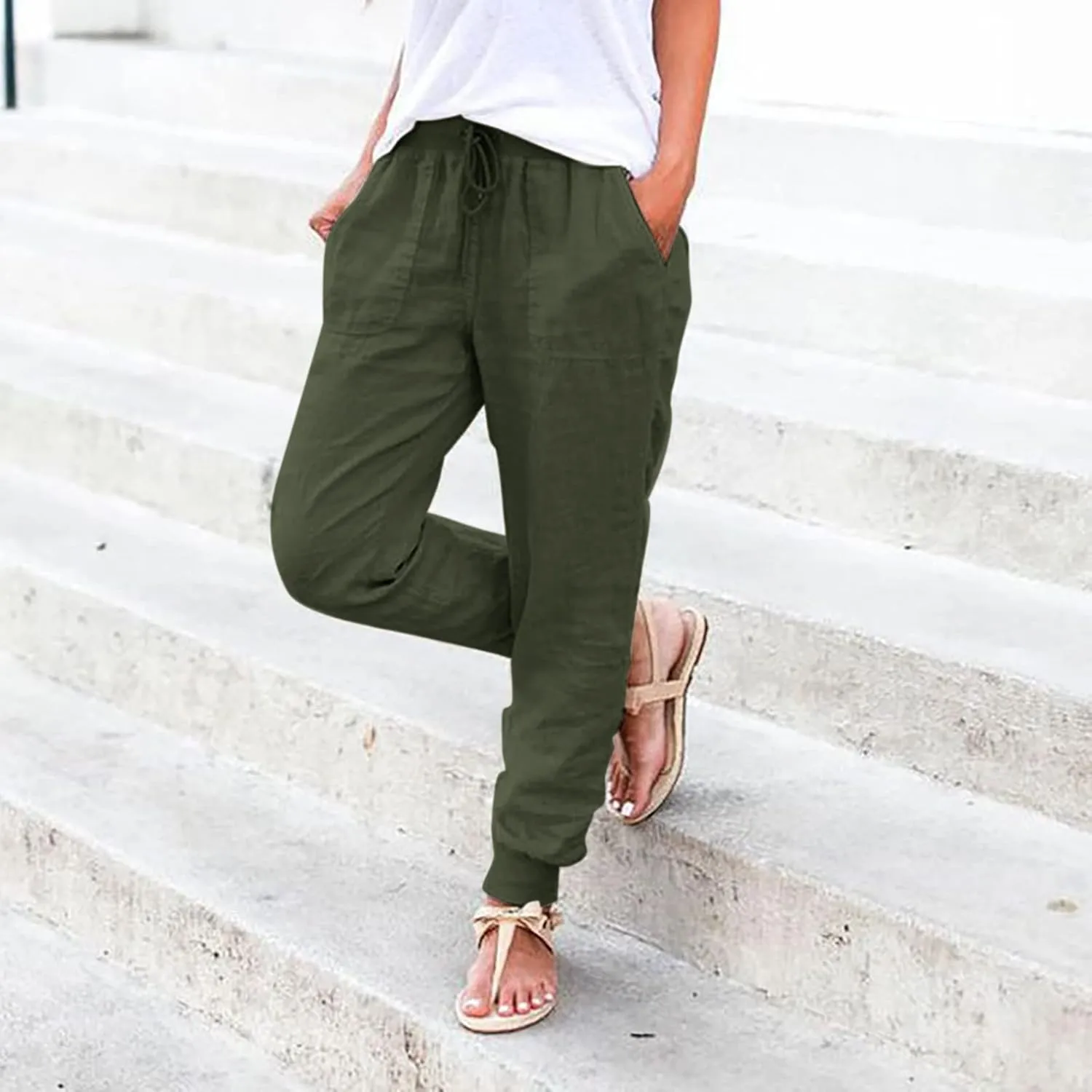 Cotton Linen Casual Pants for Women Elastic Waist Drawstring Tapered Leg Summer Beach Pant Slim Fit Dressy Work Trousers