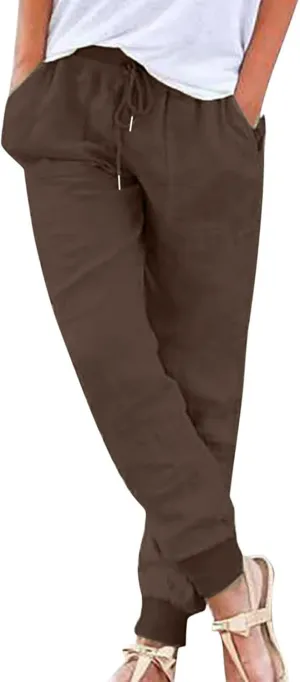 Cotton Linen Casual Pants for Women Elastic Waist Drawstring Tapered Leg Summer Beach Pant Slim Fit Dressy Work Trousers