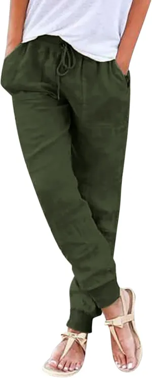 Cotton Linen Casual Pants for Women Elastic Waist Drawstring Tapered Leg Summer Beach Pant Slim Fit Dressy Work Trousers