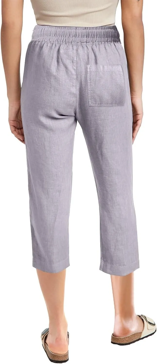 Cotton Linen Casual Summer Capri Drawstring Elastic Trousers Comfy Straight Leg Long Pants Straight Leg Loose Pants