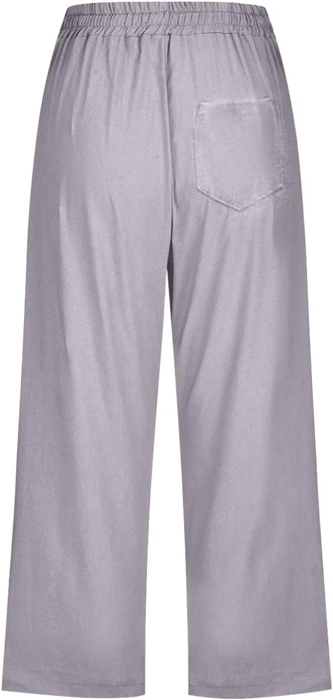 Cotton Linen Casual Summer Capri Drawstring Elastic Trousers Comfy Straight Leg Long Pants Straight Leg Loose Pants