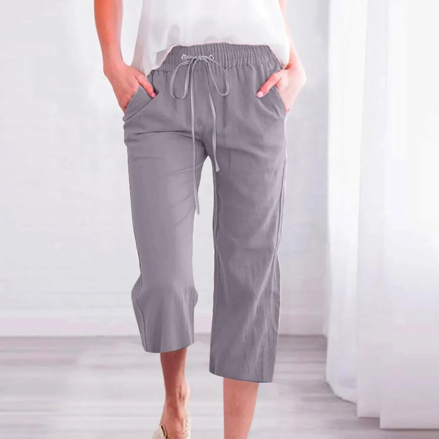 Cotton Linen Casual Summer Capri Drawstring Elastic Trousers Comfy Straight Leg Long Pants Straight Leg Loose Pants