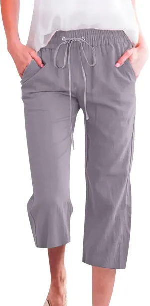 Cotton Linen Casual Summer Capri Drawstring Elastic Trousers Comfy Straight Leg Long Pants Straight Leg Loose Pants