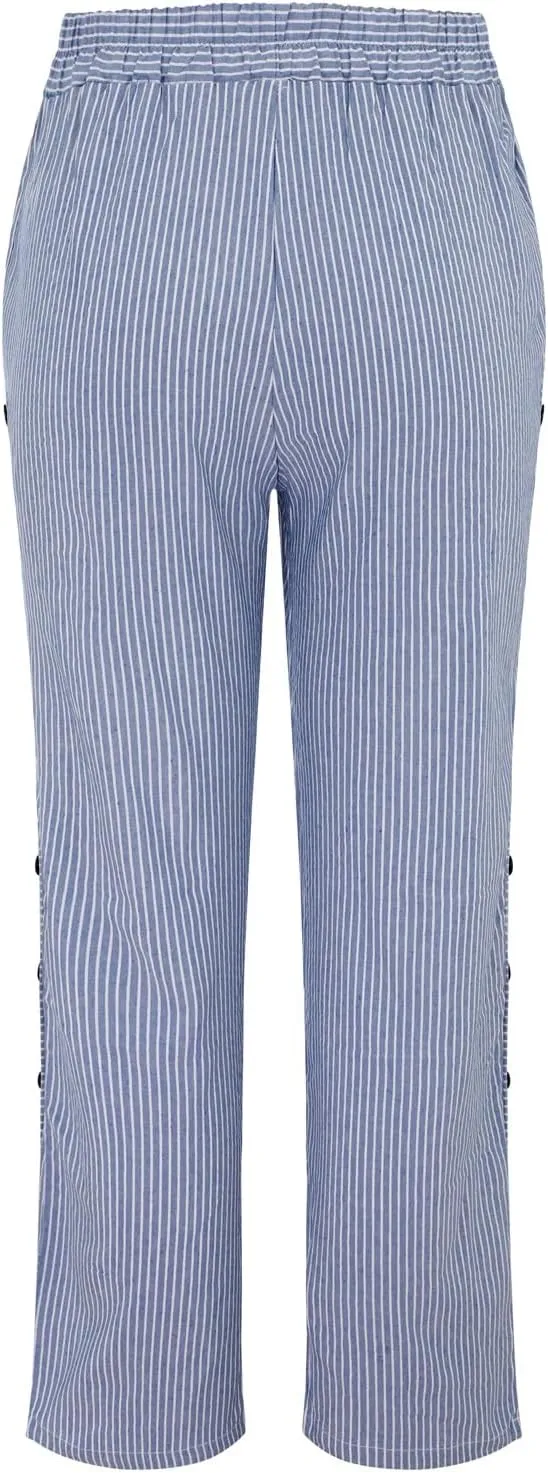 Cotton Linen Joggers for Women Striped Elastic Waisted Wide Leg Plus Size Active Lounge Comfy Trousers with Pockets