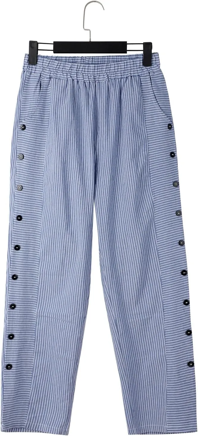 Cotton Linen Joggers for Women Striped Elastic Waisted Wide Leg Plus Size Active Lounge Comfy Trousers with Pockets