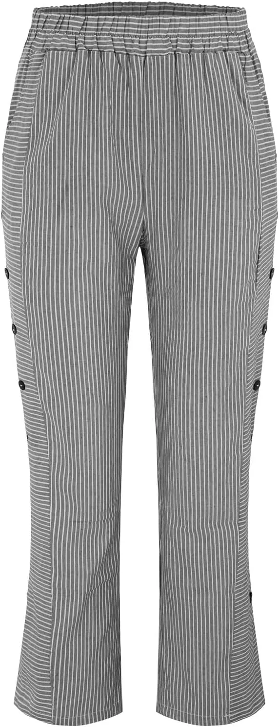Cotton Linen Joggers for Women Striped Elastic Waisted Wide Leg Plus Size Active Lounge Comfy Trousers with Pockets