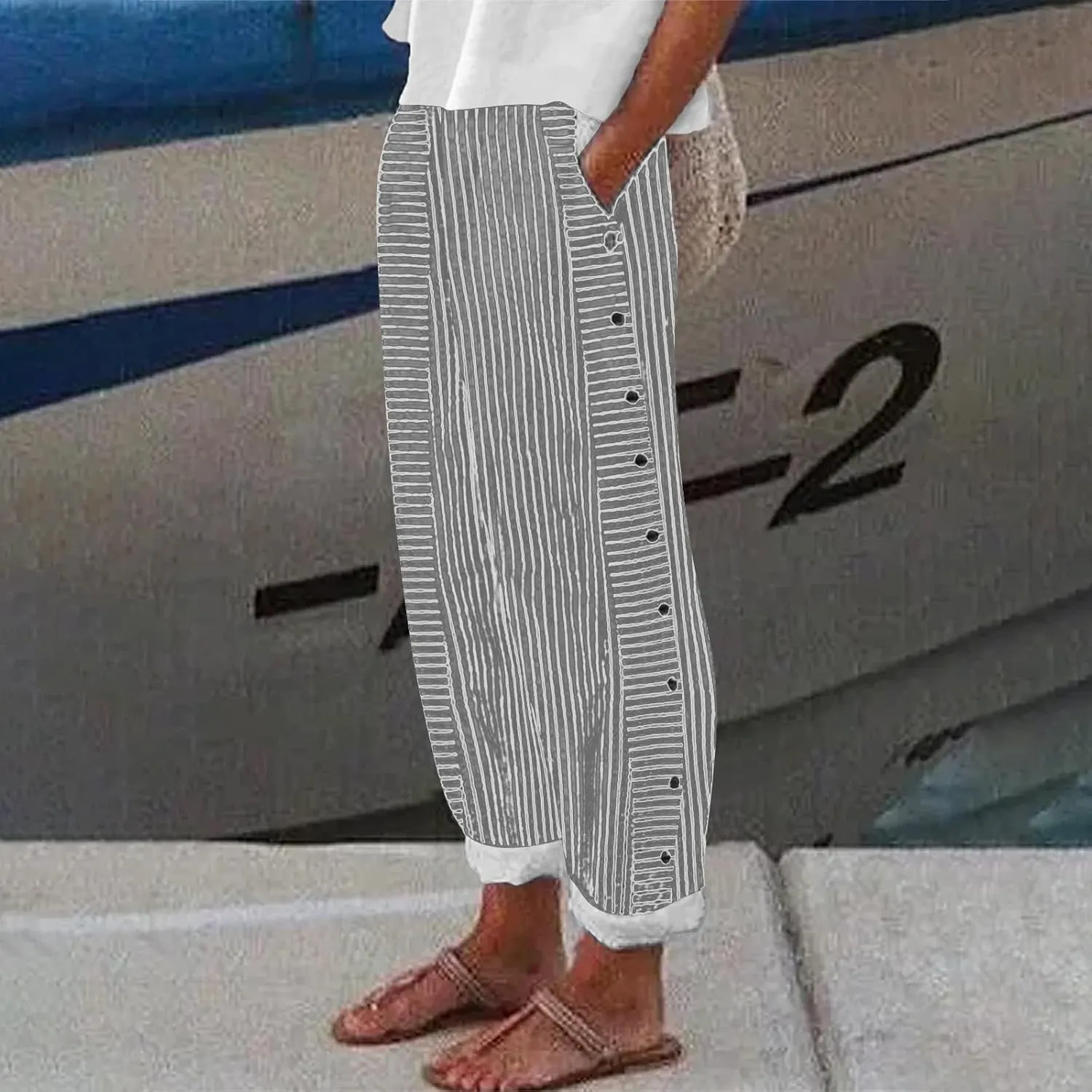 Cotton Linen Joggers for Women Striped Elastic Waisted Wide Leg Plus Size Active Lounge Comfy Trousers with Pockets