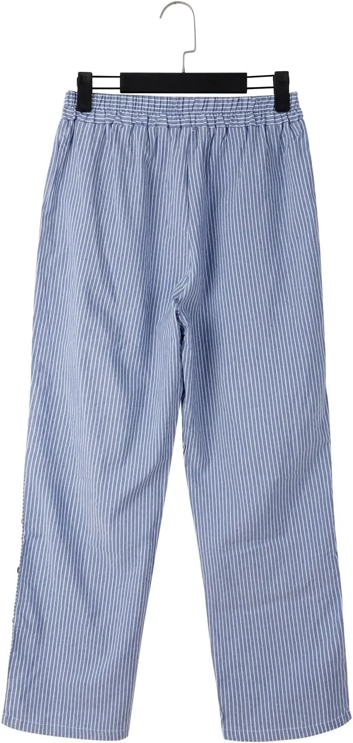 Cotton Linen Joggers for Women Striped Elastic Waisted Wide Leg Plus Size Active Lounge Comfy Trousers with Pockets
