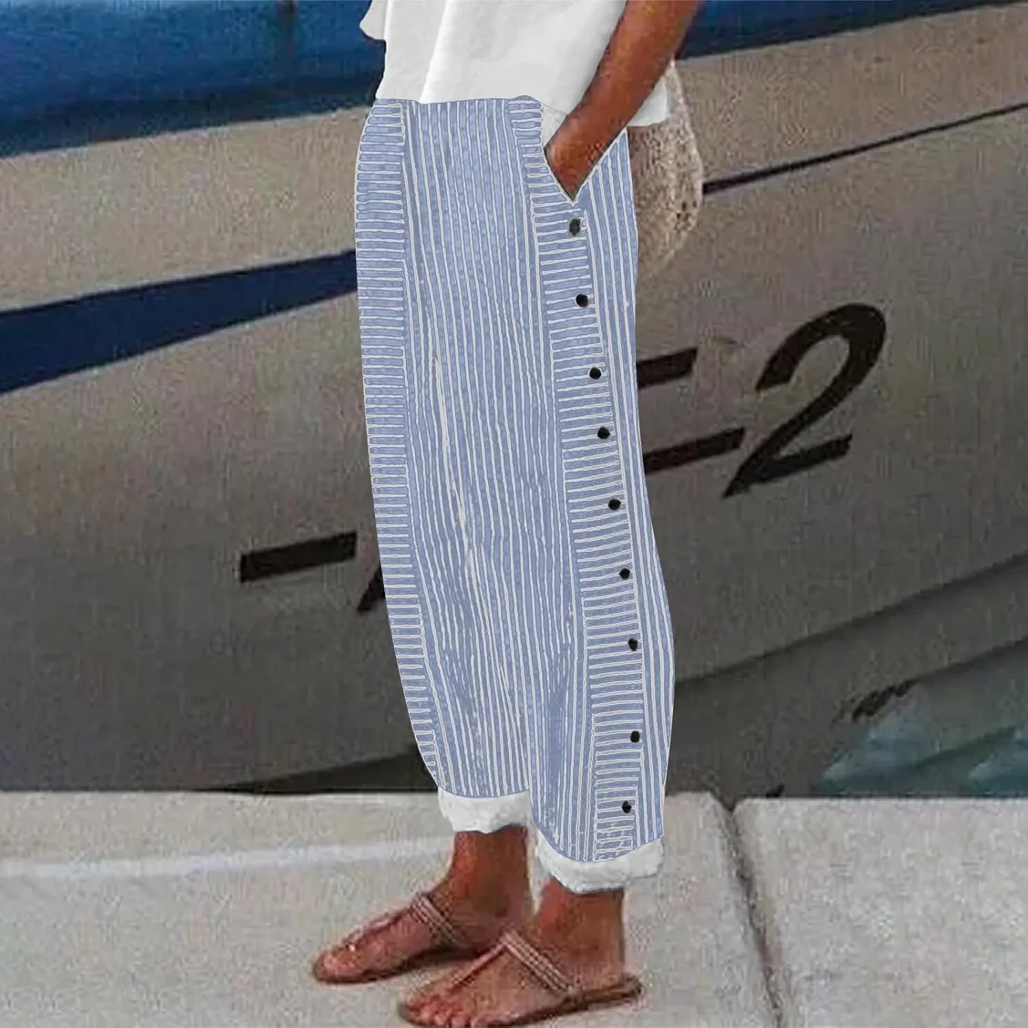 Cotton Linen Joggers for Women Striped Elastic Waisted Wide Leg Plus Size Active Lounge Comfy Trousers with Pockets