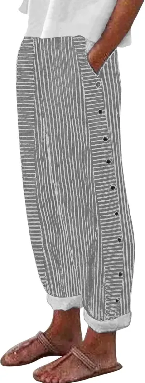Cotton Linen Joggers for Women Striped Elastic Waisted Wide Leg Plus Size Active Lounge Comfy Trousers with Pockets
