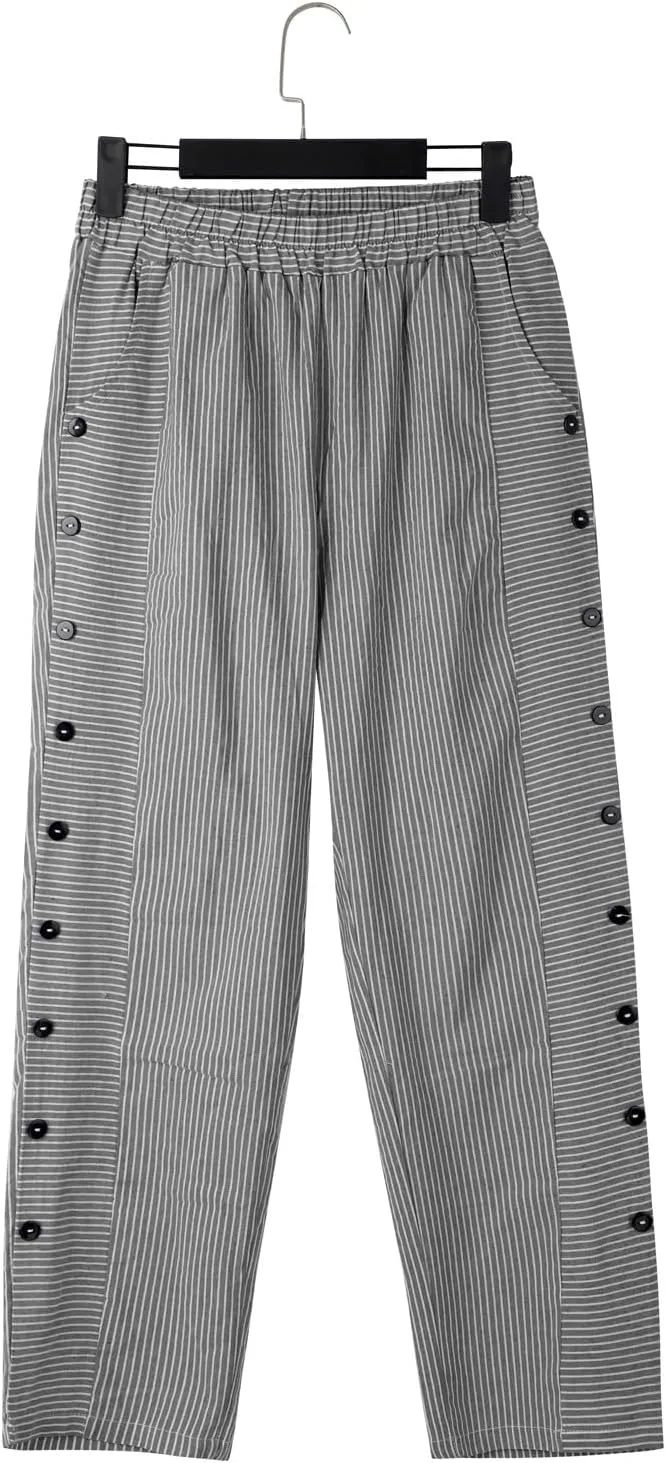 Cotton Linen Joggers for Women Striped Elastic Waisted Wide Leg Plus Size Active Lounge Comfy Trousers with Pockets