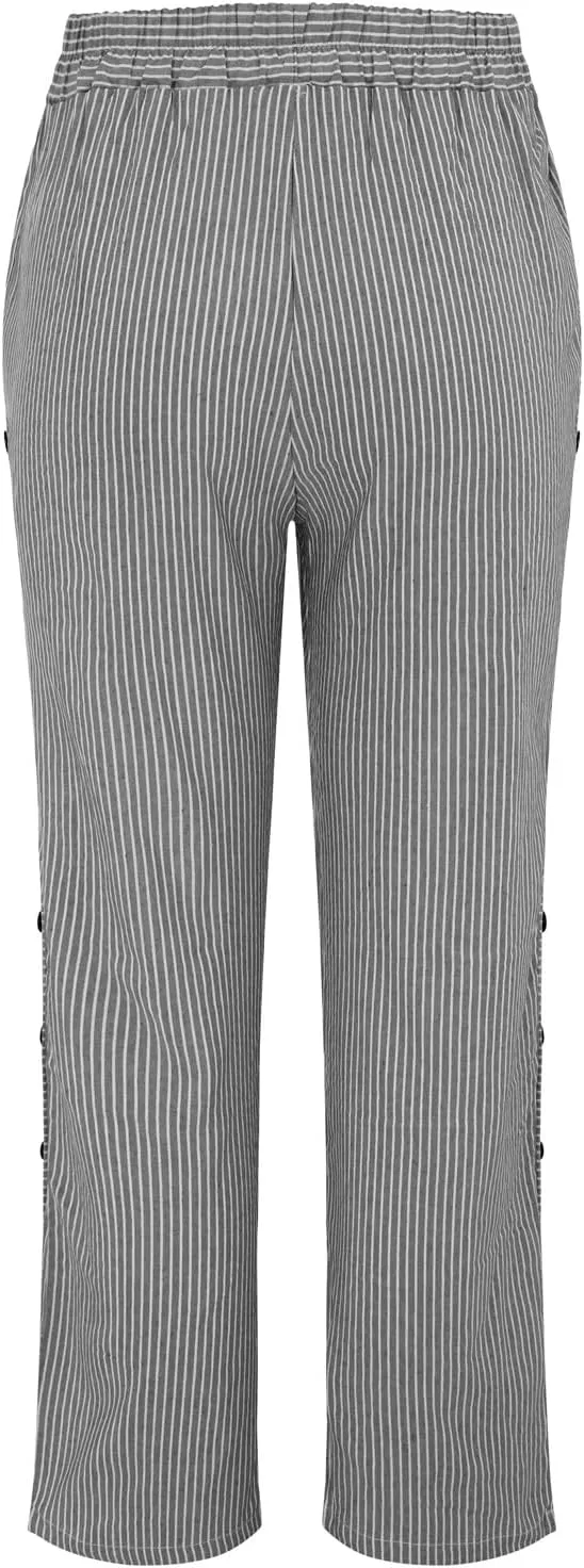Cotton Linen Joggers for Women Striped Elastic Waisted Wide Leg Plus Size Active Lounge Comfy Trousers with Pockets