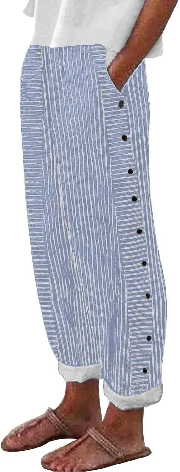 Cotton Linen Joggers for Women Striped Elastic Waisted Wide Leg Plus Size Active Lounge Comfy Trousers with Pockets