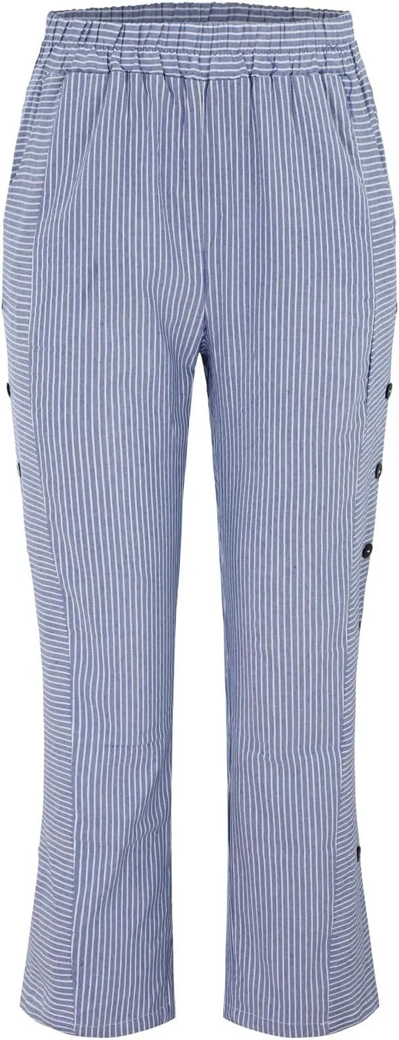 Cotton Linen Joggers for Women Striped Elastic Waisted Wide Leg Plus Size Active Lounge Comfy Trousers with Pockets