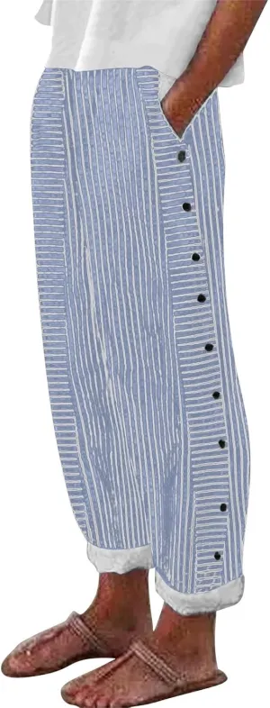 Cotton Linen Joggers for Women Striped Elastic Waisted Wide Leg Plus Size Active Lounge Comfy Trousers with Pockets