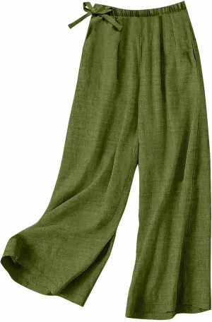 Cotton Linen Pants for Women's Summer High Elastic Waist Side Tie Wide Leg Trousers Casual Comfy Slacks with Pockets