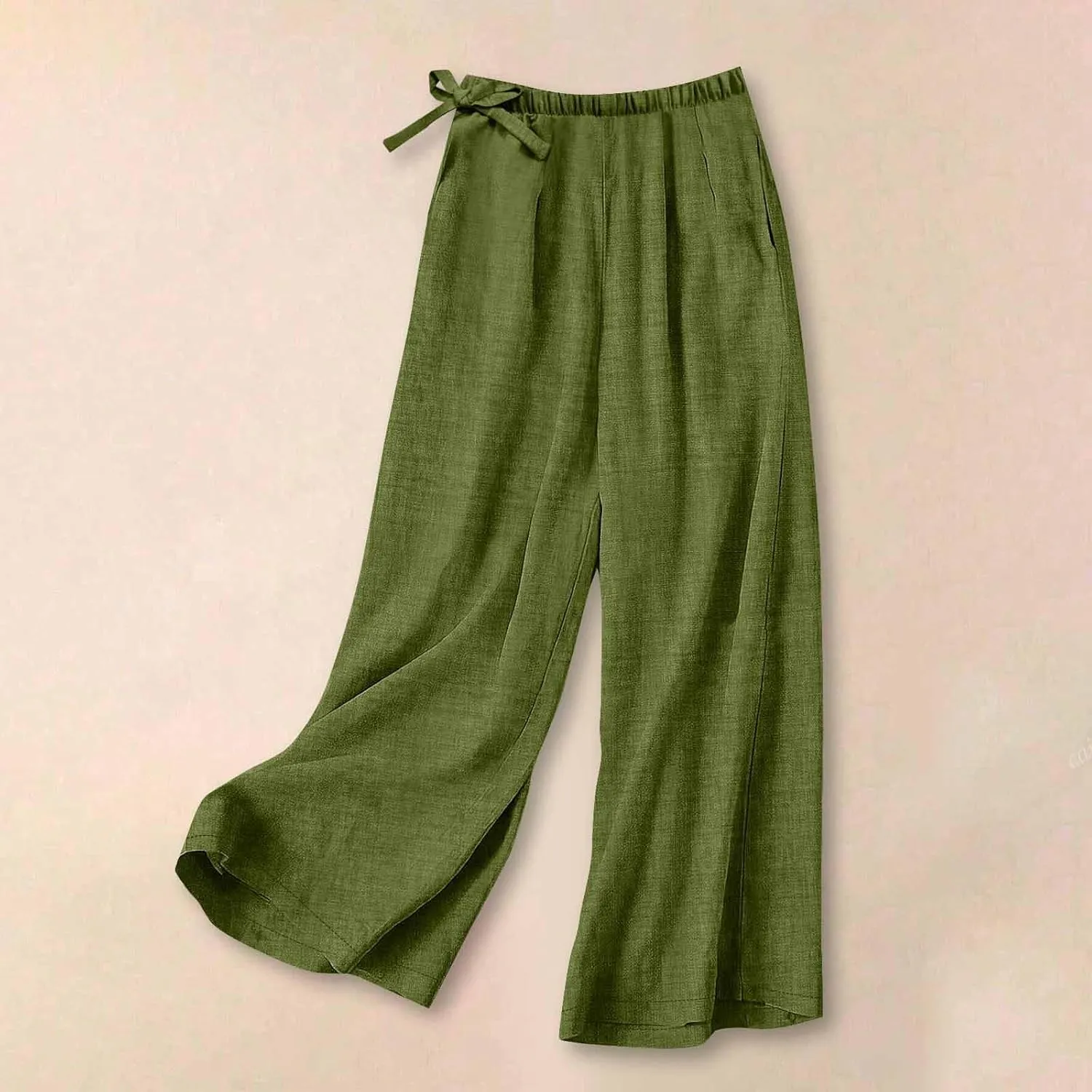 Cotton Linen Pants for Women's Summer High Elastic Waist Side Tie Wide Leg Trousers Casual Comfy Slacks with Pockets