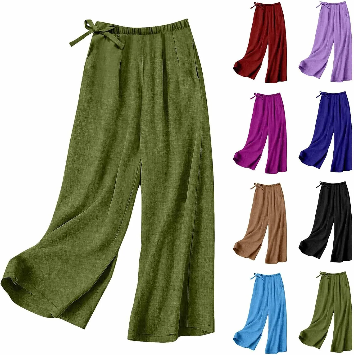 Cotton Linen Pants for Women's Summer High Elastic Waist Side Tie Wide Leg Trousers Casual Comfy Slacks with Pockets