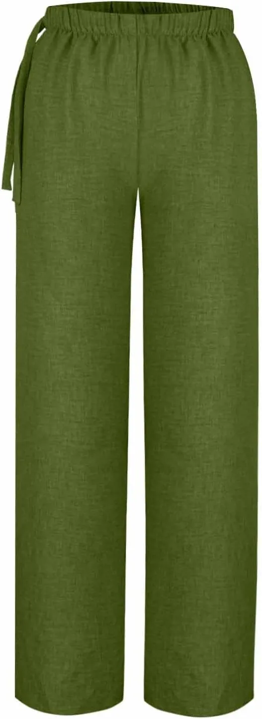 Cotton Linen Pants for Women's Summer High Elastic Waist Side Tie Wide Leg Trousers Casual Comfy Slacks with Pockets