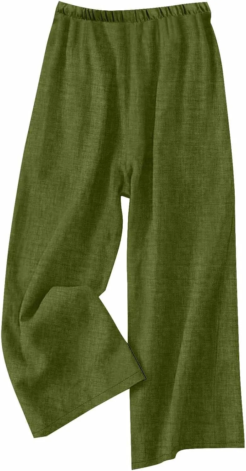 Cotton Linen Pants for Women's Summer High Elastic Waist Side Tie Wide Leg Trousers Casual Comfy Slacks with Pockets