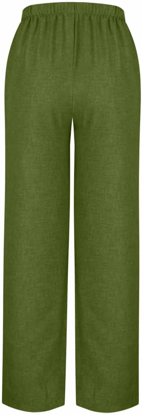 Cotton Linen Pants for Women's Summer High Elastic Waist Side Tie Wide Leg Trousers Casual Comfy Slacks with Pockets