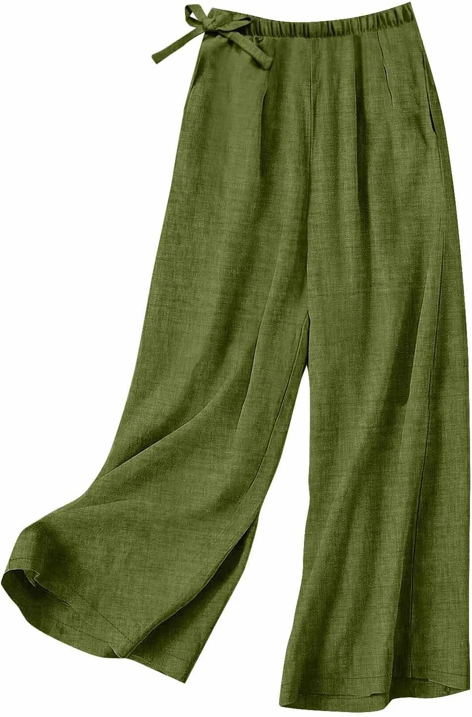 Cotton Linen Pants for Women's Summer High Elastic Waist Side Tie Wide Leg Trousers Casual Comfy Slacks with Pockets