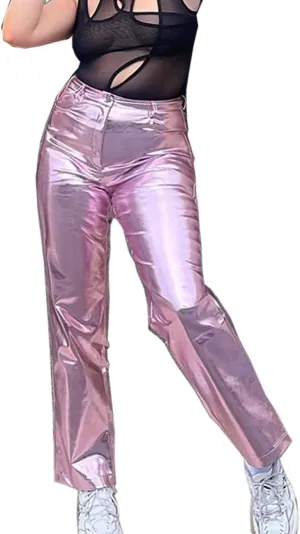 Cresay Women's Faux Leather Metallic High Waist Pants Straight Wide Leg Pants Punk Trousers
