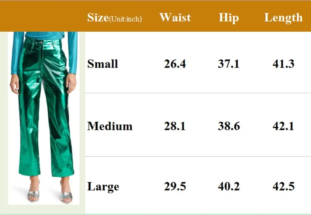 Cresay Women's Faux Leather Metallic High Waist Pants Straight Wide Leg Pants Punk Trousers