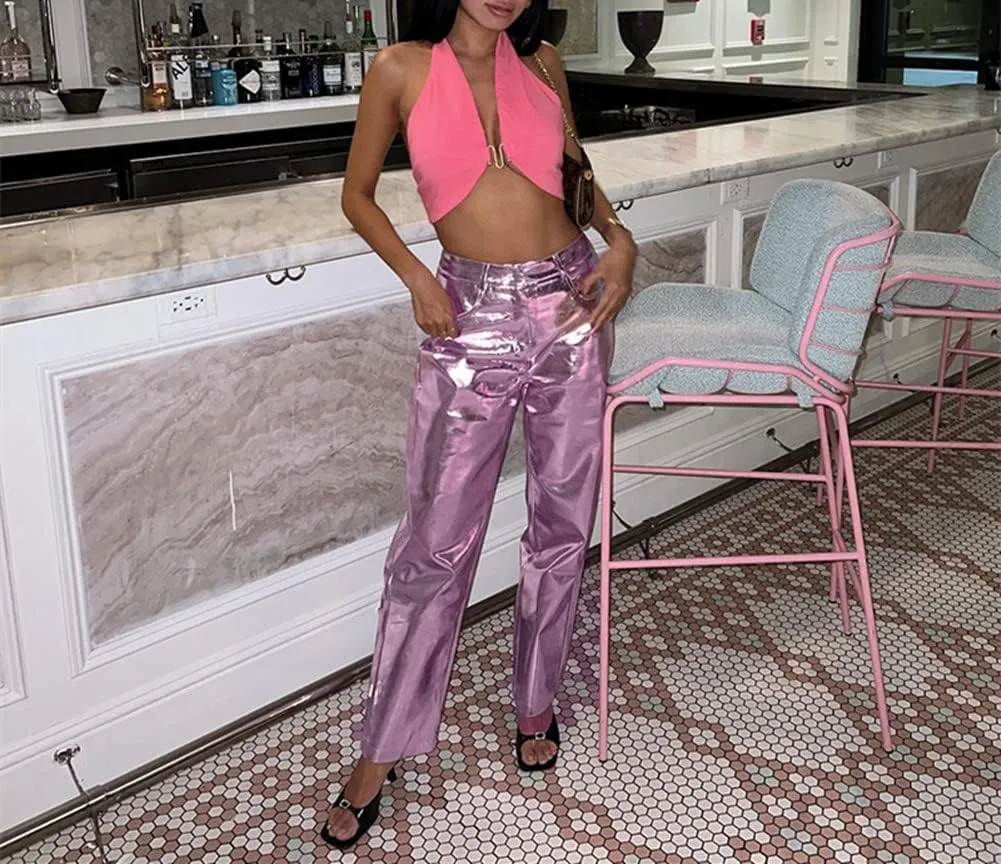 Cresay Women's Faux Leather Metallic High Waist Pants Straight Wide Leg Pants Punk Trousers