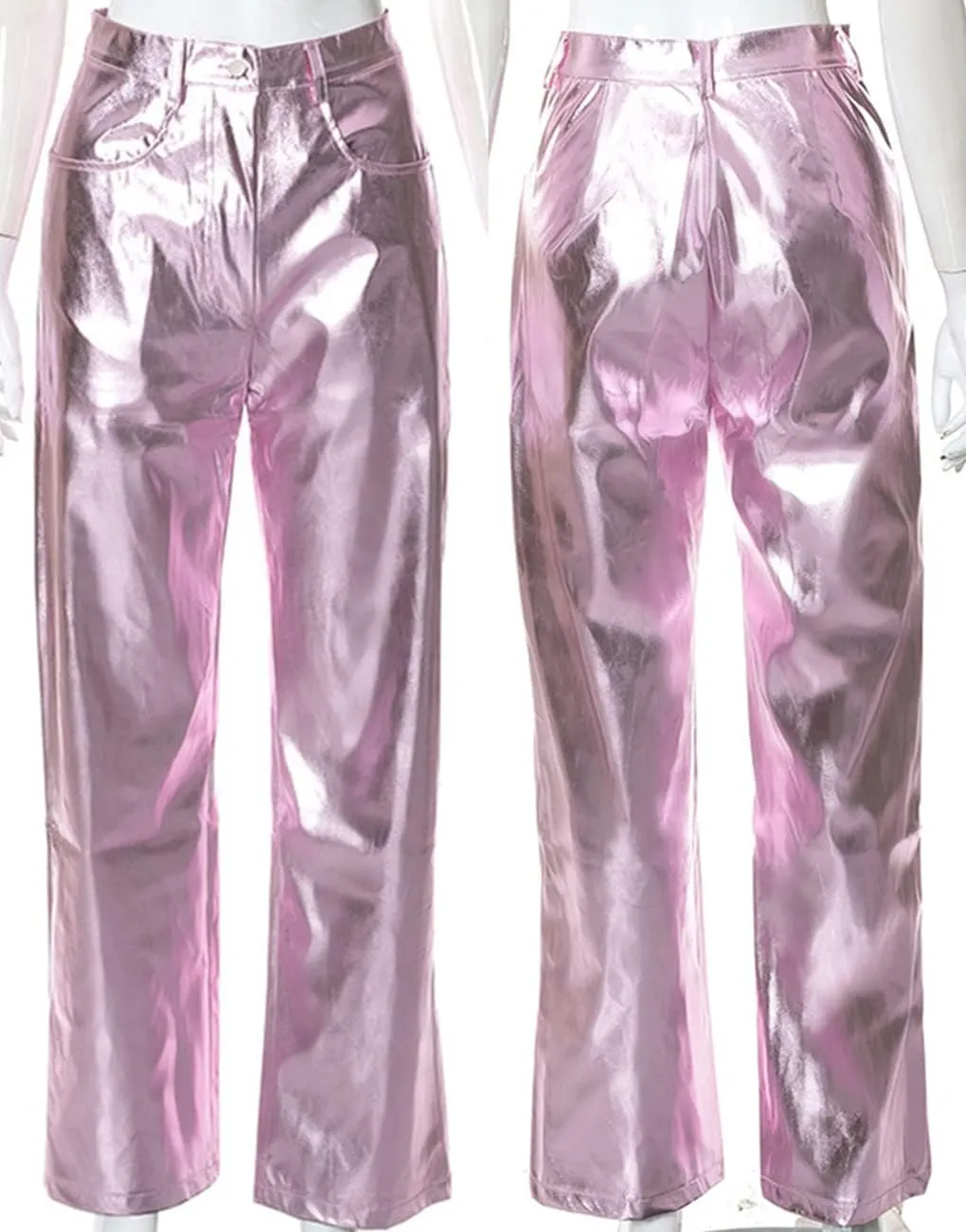 Cresay Women's Faux Leather Metallic High Waist Pants Straight Wide Leg Pants Punk Trousers