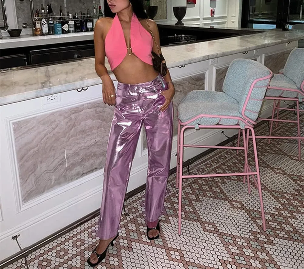 Cresay Women's Faux Leather Metallic High Waist Pants Straight Wide Leg Pants Punk Trousers