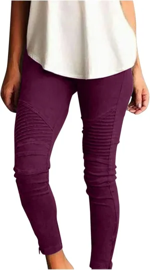 CRNTCEM Womens Cotton Moto Leggings High Waist Stretch Skinny Motorcycle Biker Pants Ankle Zipper Pleated Pull-On Pencil Pant