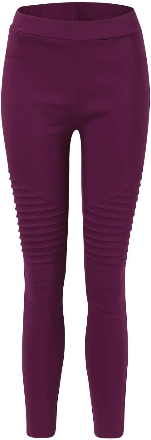 CRNTCEM Womens Cotton Moto Leggings High Waist Stretch Skinny Motorcycle Biker Pants Ankle Zipper Pleated Pull-On Pencil Pant