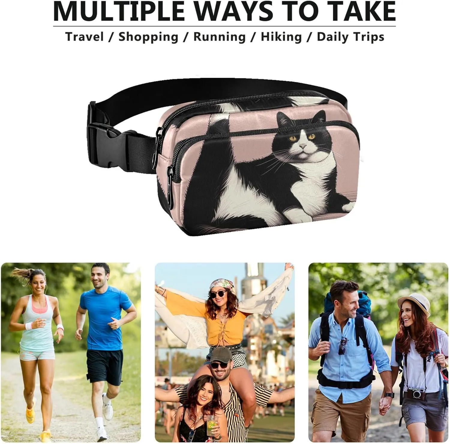 Cute Lazy Black White Cat Womens Fanny Pack Anti Theft Belt Bag Waterproof Trendy Travel Waist Bag