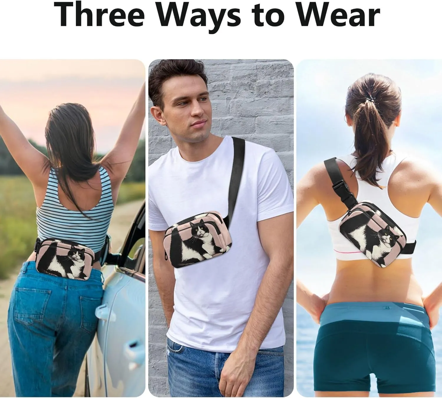 Cute Lazy Black White Cat Womens Fanny Pack Anti Theft Belt Bag Waterproof Trendy Travel Waist Bag
