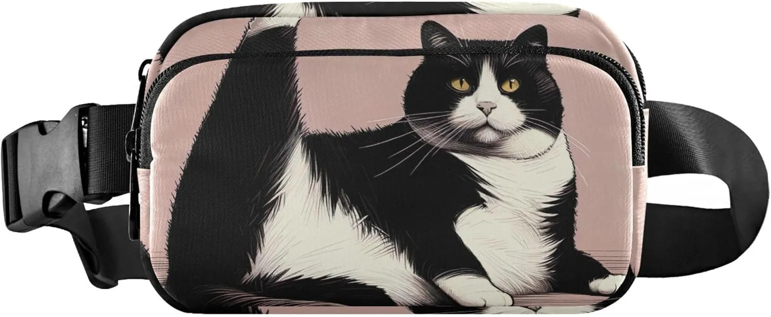 Cute Lazy Black White Cat Womens Fanny Pack Anti Theft Belt Bag Waterproof Trendy Travel Waist Bag